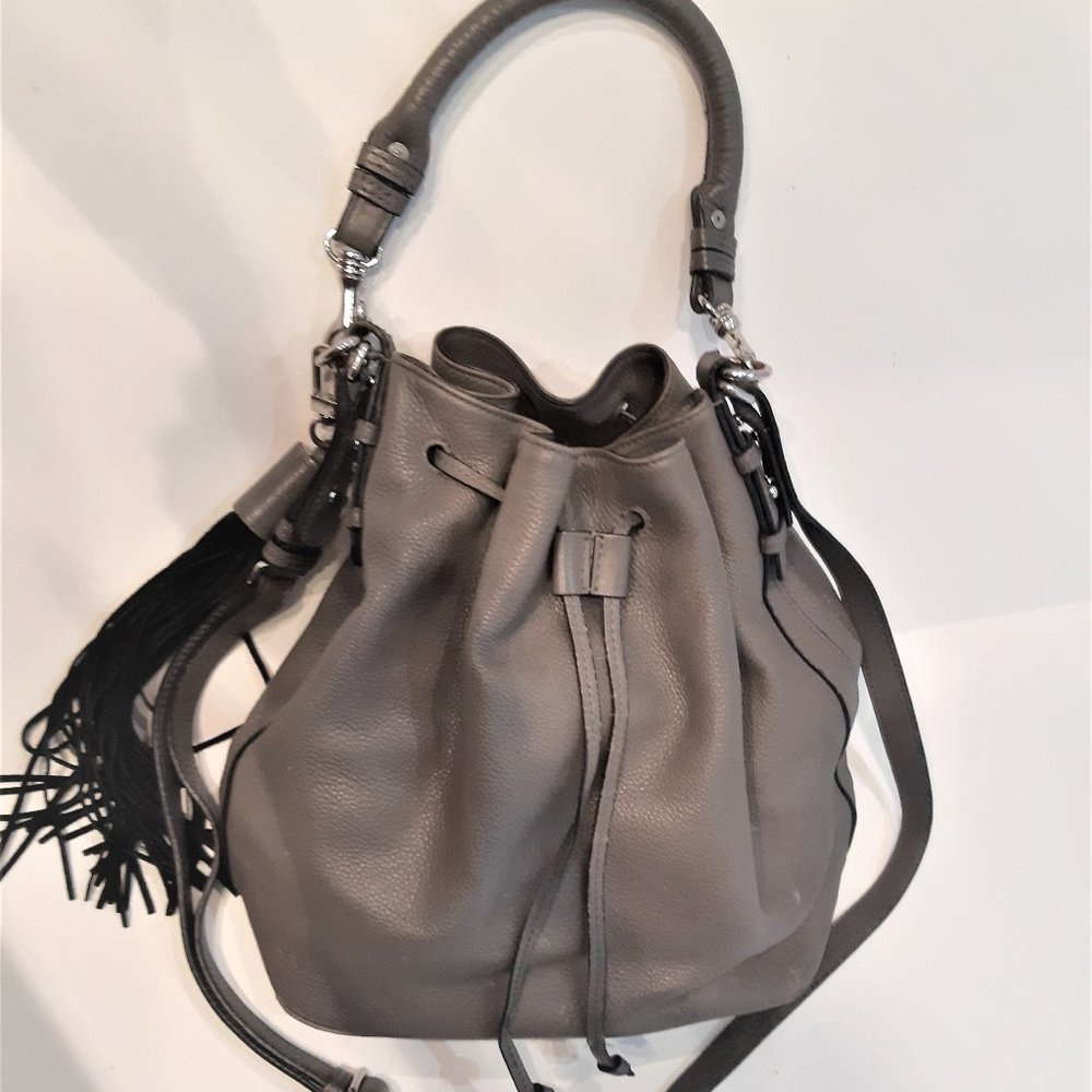 Danier Leather Bucket Bag with Tassel in Grey + Scarf 🎁